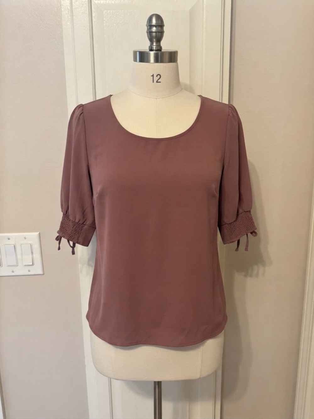 PerSeption Concept Mauve Scoop Neck Blouse with Smocked Cuffs